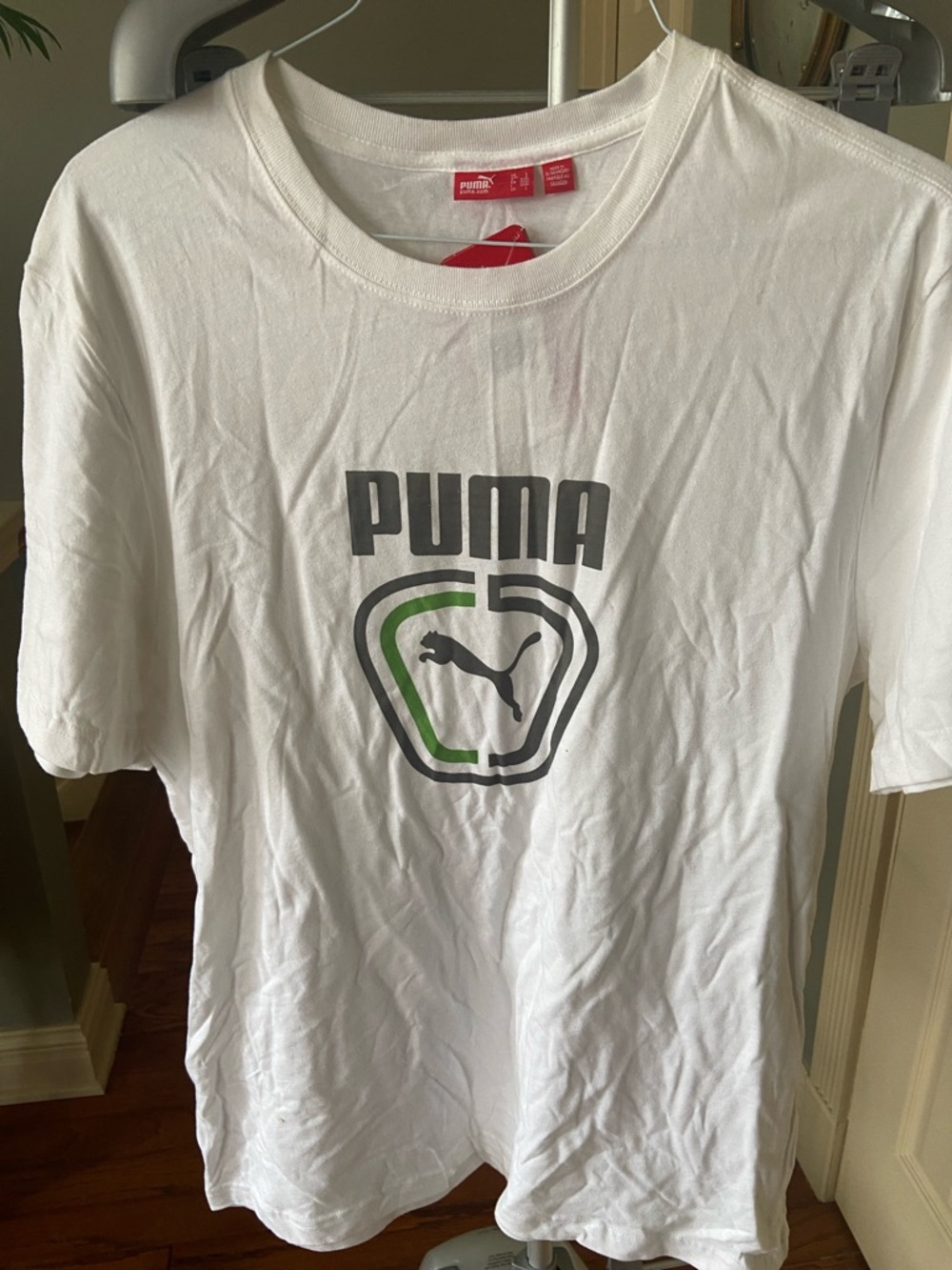 Puma White Short Sleeve Tee with Gray and Green Logo Men’s Size Large